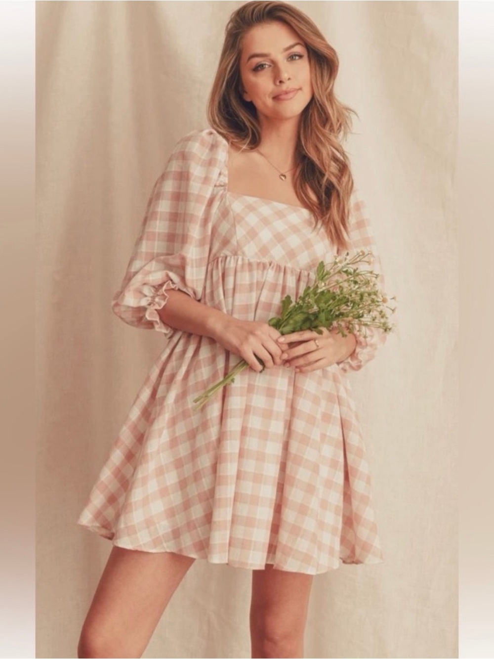 Storia Pink & White Gingham Square-Neck Dress